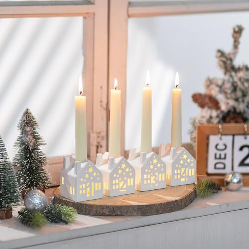 Romadedi Light House LED Ceramic White: Set of 4 Tea Light Houses with Numbers 1-4 for Advent and Christmas - Advent Arrangement Christmas Village Window Sill Table Decoration