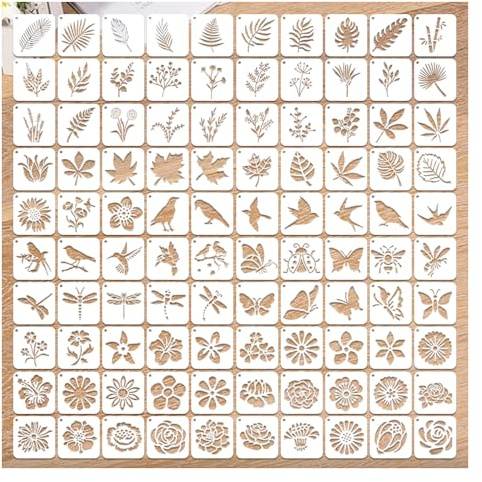 GIDWRIY Set di 100 Stencil per Pittura Piccoli,Stencil Fiori E Foglie Di Uccelli,Pareti Stencils Scrapbooking,Decorazione Muro Stencils In Plastica Riutilizzabili,Fai Da Te Stenciles de Disegno