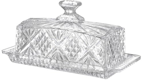 TEHAUX Mantequera de Vidrio Transparente con Tapa Rectangular Recipiente para Alimentos Elegante y Duradero para Cocina y Restaurante