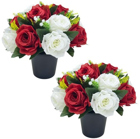 Fycooler Konstgjorda Gravblommor, 2 st Krukor Vinröda Vita Siden Kyrkogårdsblomma Begravningsdekoration - Minnesblommor Gravplats Prydnader Falsk Bukett Arrangemang Väderbeständig