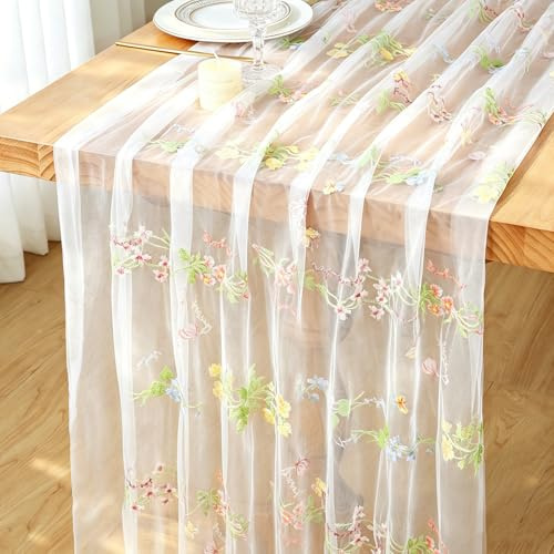 Tyll broderi bordslöpare vit 75 x 300 cm blommor fjäril bordslöpare bröllop chiffong bordsduk gasväv ostduk bordsband sommar bordsdekoration kök bord dekoration bord löpare fest födelsedag