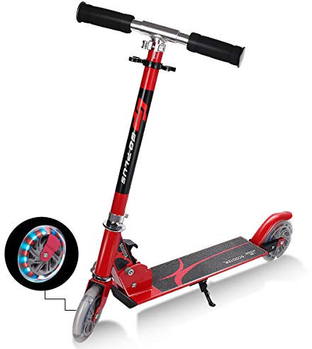 COSTWAY Kick Scooter Kids Stunt, Light Up LED 2 Wheeled Scooters for Ages 4 to 13 Children Girls Boys, Adjustable T-bar Foldable Push Board Maximum Load 70KG (Red)