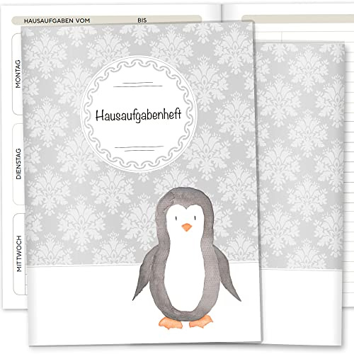 Olgs Hausaufgabenheft Hülle Black & White inkl. Heft Schulheft Schutzhülle Umschlag Geschenkidee Einschulung Grundschule (ohne Personalisierung, Pinguin)