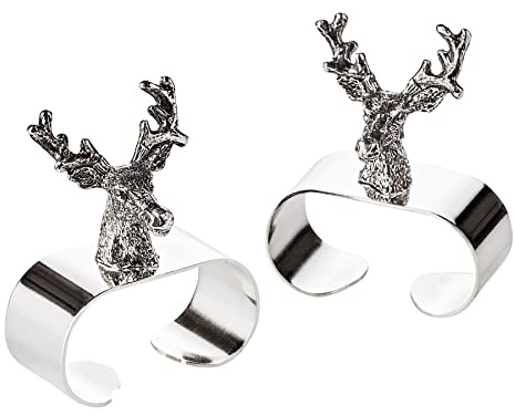 EDZARD 2er Set Serviettenring Hirsch (L 5 cm), edel versilbert | Ring für Stoffservietten, Tischdekoration, Tafelaccessoires, Jagddeko, Gastgeschenk