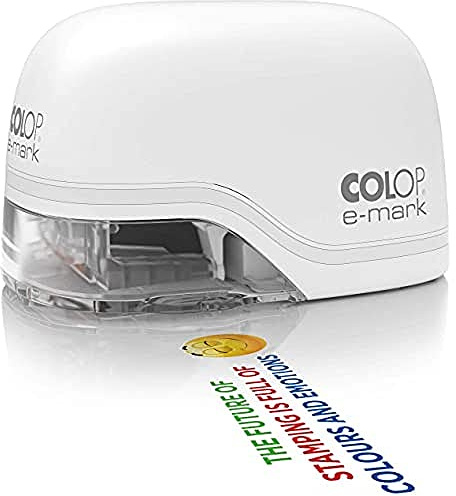 COLOP e-Mark weiß. Mobiler Hand-Drucker und Beschriftungsgerät für Profis. Mehrfarbige Abdrucke, mit kostenloser App. Datums-, Uhrzeit- und Nummerierungsgenerator.