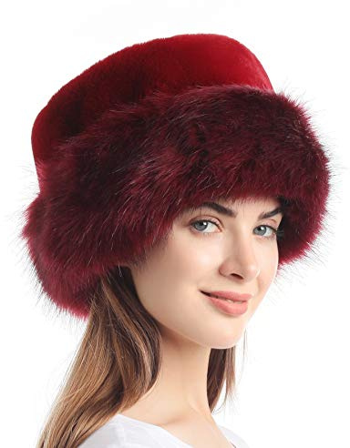 sy soul young Fellmütze Pelzmütze Damen mütze Wintermütze Faux Fuchs Pelz Warm Weich Leoparden Hut EINWEG Verpackung(Burgendy)
