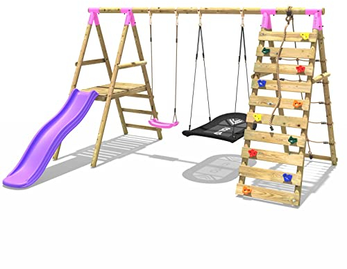 Rebo® Wooden Swing Set with Deck, Slide and Up and Over Climbing Wall - Quartz Pink | OutdoorToys | Kids' Outdoor Wooden Play Equipment for Gardens, Frame and Accessories Included, Weather Resistant