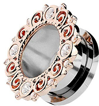 Taffstyle Flesh Tunnel Ohr Piercing Ear Plug Ohrpiercing Edelstahl Schraub Vintage Tribal mit Glitzer Kristall Steinen am Rand Rosegold Rose 8mm