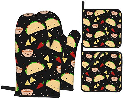 Taco Tuesday Party - Juego de Guantes para Horno y 2 Soportes para ollas, Forro de algodón Suave con Superficie Antideslizante, Guantes de Cocina para microondas