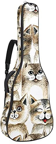 42 Zoll Gitarrentasche Gitarrentasche Rucksack für E-Gitarre, Akustik-Bass, Konzertgitarre, Ukulele Mandoline Braun Retro Katze Kopf Muster