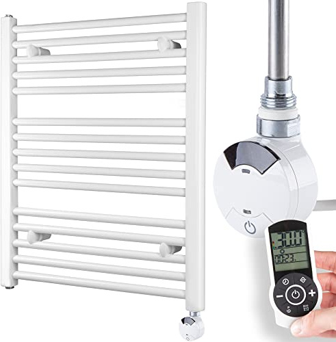 HEATSUPPLY® Badheizkörper elektrisch 702 x 600mm Handtuchheizkörper 600 Watt Handtuchtrockner weiß mit Heizstab No. 3 Thermostat und Fernbedienung