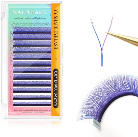 NAGARAKU YY Wimpern 4D Y Form Doppeltipps Lüfter Webart Wimpernverlängerung Vorgefächerter Fertige Fächer Weiche Licht Natürlich Wimpernfächer Volumen YY Lash Cluster Blau Lila Kreuz (0.07 D 8-12mm）