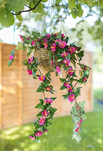 Garden Mile Artificial Trailing Faux Floral Hanging Basket, Fake Purple Pink Flower and Leaf Foliage Colourful Waterproof Hanging Plant Pot Basket for Indoor, Outdoor, Patio, Garden Decoration