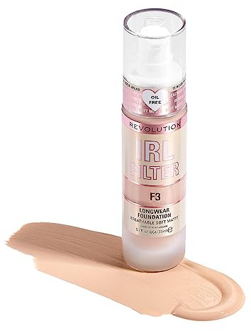 Makeup Revolution, IRL Filter, Longwear Foundation, Medium to Full Coverage, Matte Finish, 16 Hour Wear, F3, Fair to Light Skin Tones, 23ml