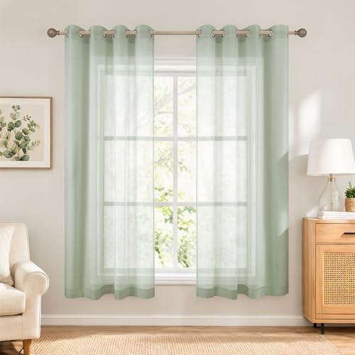 KOUFALL Bathroom Window Curtains Short,Small Sheer Sage Green Kitchen Curtains 45 Inch Length