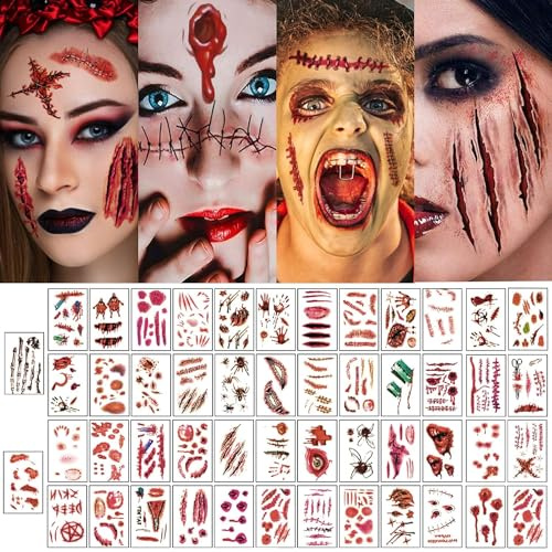 350 Stück Halloween Tattoo Gesicht, Halloween Tattoo, Gesichtstattoo Narben Halloween, Wunden Tattoo Realistisch, Temporäre Tattoos für Halloween Schminke Kostüm Gruselparty Mottoparty Maskerade