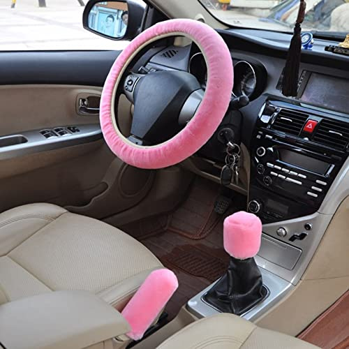 Lenkradbezug Plüsch, 3 Stück Universal-Lenkradhüllen, Auto-Lenkrad Bezug mit Handbremsenbezug/Schaltgetriebebezug, Lenkradabdeckung 36–39 cm, Auto Winter Zubehoerweich rutschfest Flauschig (Rosa)