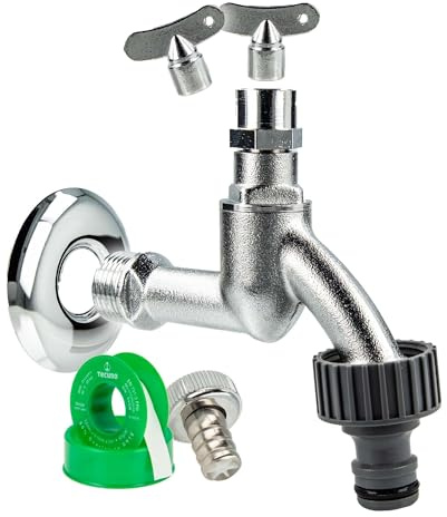 tecuro Auslaufventil 1/2 Zoll, Steckschlüssel-Oberteil, Steckkupplung, Wandrosette, Dichtband, MS mattverchromt - 22812-PWD