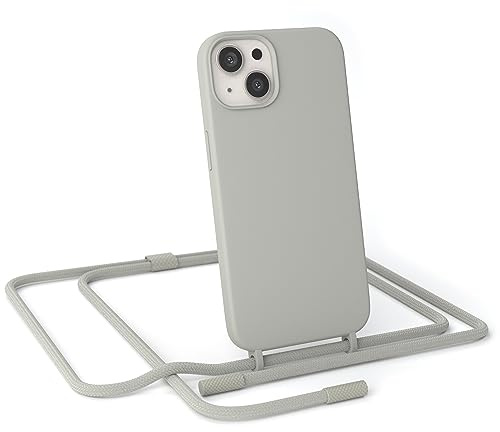 EAZY CASE - Handykette kompatibel mit iPhone 13 - dünne Handyhülle Hülle mit Band als Fallschutz Kette zum Umhängen stoßeste Hülle Silikon mit Mikrofaser in Taupe