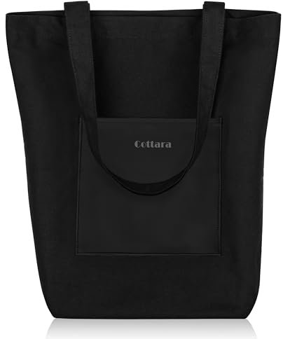 COTTARA® Jutebeutel schwarz – Hochwertige Stofftasche mit Reißverschluss, Frontfach und breitem Boden – Einkaufstasche lange Henkel – Ideal als Stoffbeutel, Tragetasche, Jutetasche, Shopper