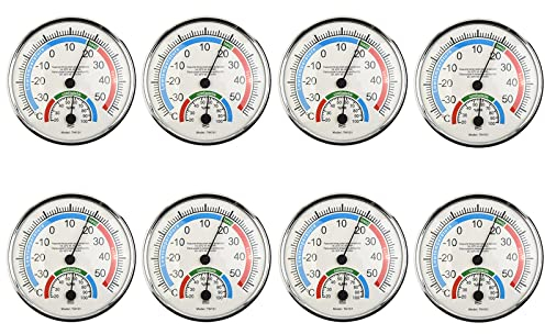 8 Stück Mini Thermometer Hygrometer Innen Analoges Thermo-Hygrometer Temperatur und Luftfeuchtigkeitsmessgerät zur Raumklimakontrolle mit Farbige Komfortzonen Feuchtigkeitssensor Zimmerthermometer