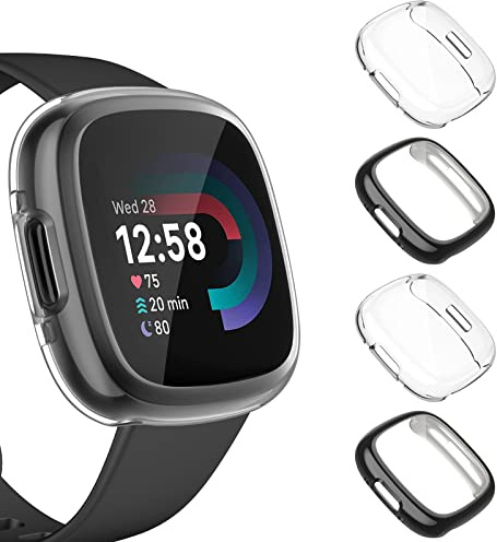 Wanme Screen Protector Compatible with Fitbit Versa 4/Sense 2, 4 Pack Soft TPU Full-Cover Screen Bumper Cover Case Screen Protector Compatible With Fitbit Versa 4/Sense 2(2*Black/2*Transparent)