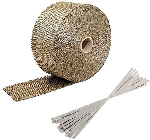 Arespark 5M Thermal Exhaust Tape Gold Thermal Insulation Wrap Made of Basalt Fibres with 10 Stainless Steel Clamps(4.6x300mm) for Motorcycle and Car Exhaust Manifolds (5M)