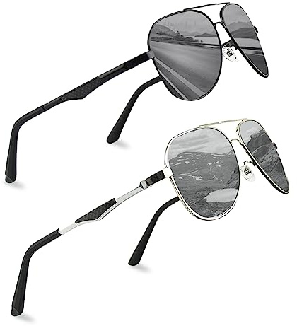 Surplex Pilot-Sonnenbrille, polarisiert, für Herren und Damen, mit ultraleichtem Metallrahmen, UV400-Schutz, polarisiert, Unisex, klassischer Vintage-Stil, für Angeln, Fahren, Golf, 2 Stück, Schwarz