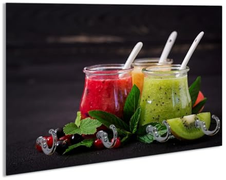 Wallario Handtuchhaken für Bad & Küche aus Glas 30 x 20 cm, Wand Handtuchhalter mit 4 Haken, Motiv: Bunte Smoothies in grün und rot