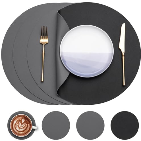 Myir JUN Juego de 4 Salvamanteles Manteles Redondos, Salvamanteles Manteles Lavables PVC Mantel Individual Posavasos Reversibles (Gris & Negro, Redondo Juego de 4)