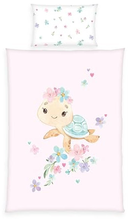 Herding babybest Little Turtle Bettwäsche, Kopfkissenbezug 40 x 60 cm mit Hoteleinschlag, Bettbezug 100 x 135 cm, Mit Reißverschluss, 100% Baumwolle/Renforcé, Weiß/Rosa