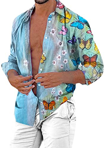 Homme Chemise en Coton et Lin avec Manches Longues, Chemise Homme Imprimé Col Montant Coupe Ajustée Loisirs Blouse Tee Shirt Tendance Multicolore Chemise Hawaienne Vacances Plage Grande Taille