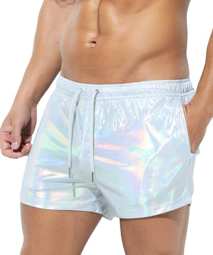 Casey Kevin Metall Shorts Herren Glänzende Kurze Hose Party Gold Silber | Einseitige See-Through-Effekt, Bar, Metallic Latex, Boxershorts, Für Club Disco Party Fitness Streetstyle Feierlichkeiten
