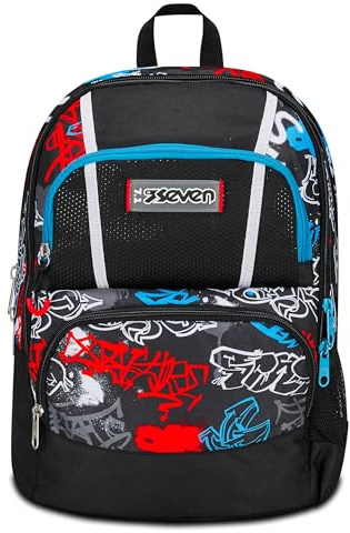 Seven Schulrucksack Adavanced Pockets, Schwarz Rot, Half Street, Rucksack mit Doppelfach Multi-Taschen, mit PC-Tasche, Trinkflasche und Organizer, mittlere und obere Rucksack, Kinder Jungen, Schwarz,