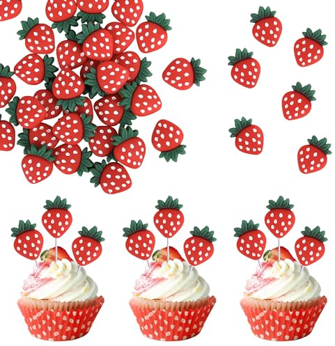 Xsstarmi 30 Pack Cupcake Toppers - Strawberry Fruit Party Decorations - Cupcake Picks for Baby Shower, Kid Birthday, Summer Garden Party Cake Decorations