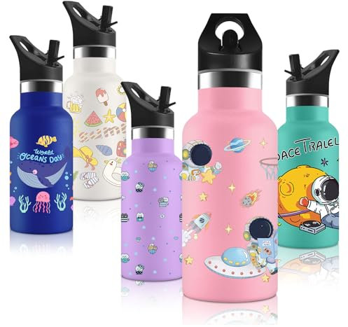 Vikaster Botella agua Acero Inoxidable con Tapa de Popote y asa, Botella Agua Niños 350ml, Botella Termica Reutilizable, Sin BPA, para Adultos, Niños, Escuela, Ciclismo, Gym, Deportiva