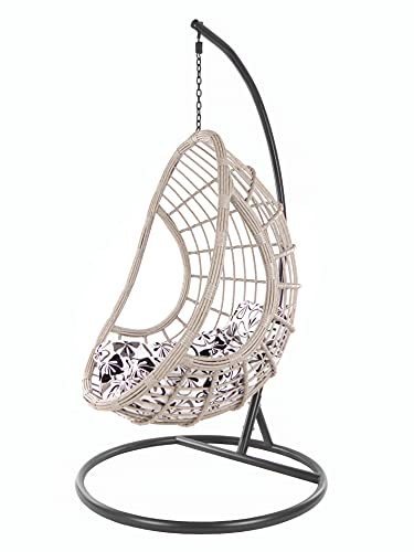 Kideo Komplettset: XXL Hängesessel mit Gestell & Kissen, Korbsessel, Poly-Rattan, grau-beige (Kissen: Chesterstepp geblümt [9800 fossil Flower Love], Korb: grau-beige Melange, Gestell: dunkelgrau)