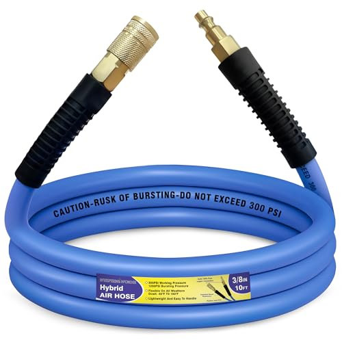 Air Compressor Hose 3/8 in x 10 ft, 300 PSI Heavy Duty Hybrid Air Hose with Quick Coupler and Plug Kit, Lightweight, Kink Resistant, All Weather Flexibility with Bend Restrictors, Blue