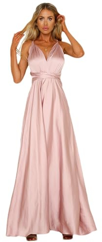 Jamron Dam elegant djup V-hals satinklänning flervägs festklänning plånbok maxiklänning, rosa, S