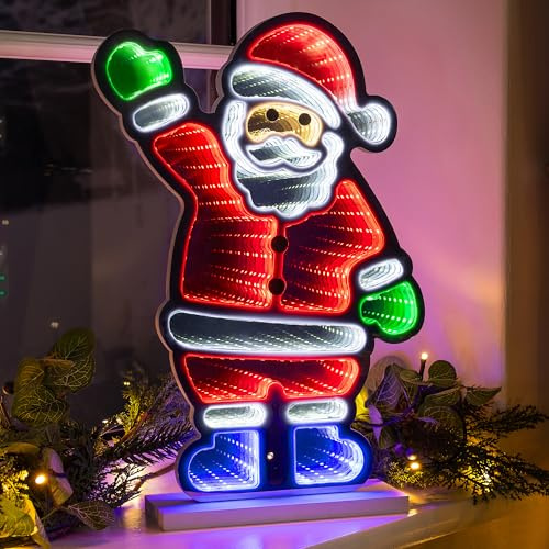 CHRISTOW Santa Infinity Light, LED Tunnel Effect | Santa Christmas Decoration, Infinity Mirror Effect, Multi-Colour LEDs, Double-Sided Display, Wooden Base, Mains Powered