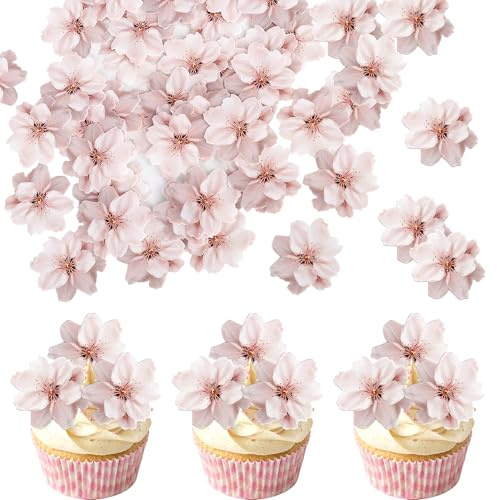 SYKYCTCY 40 Pack Edible Cherry Blossom Cake Toppers Cherry Flowers Cupcake Toppers Rice Paper Wafer Paper Cake Picks Baby Shower Bridal Shower Kids Birthday Party Cake Decorations Supplies