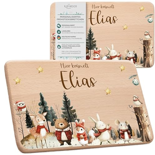 KIDSMOOD – Weihnachtliches Frühstücksbrettchen mit Namen | Niedliches Brettchen aus hochwertigem Holz bedruckt mit schadstofffreier Tinte | Personalisierte Geschenke Baby zu Weihnachten (22x14 cm)