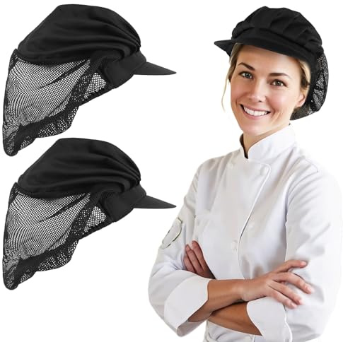 2 Stück Kochmütze Damen Schwarz Küche Bäcker Kochen kochhaube Food Service Haarnetz Küche Damen Herren mit Krempe