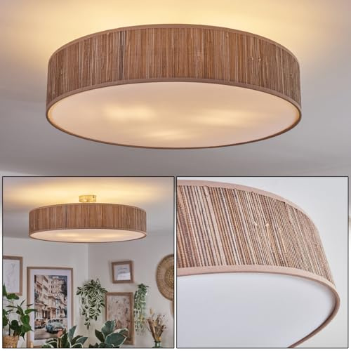 HOFSTEIN Foggia Ceiling Light, Metal/Reed/Plastic Ceiling lamp in matt Nickel/Brown/White, Round lamp in Modern Boho Design (Ø 60 cm), E27, Dining Room, Living Room, Bedroom, Kitchen