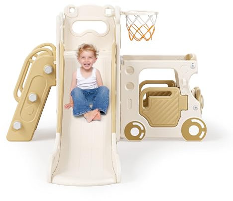 Kinderrutsche, 4-in-1-Indoor-Kinderrutsche, mit Basketballkorb, Basketball, Autokopf-Aufbewahrung, Klettergerüst, 1950 mm extra Lange Rutsche, für Kinder im Alter von 18–36 Monaten (Beige-Braun)