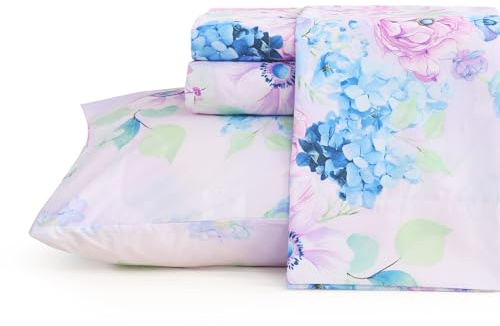 JSD Hydrangea Duvet Cover Set Full Size 4 Piece Printed Microfiber Deep Pockets Purple