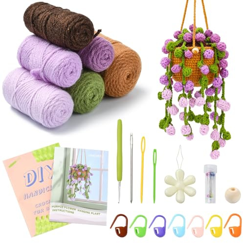 Airssory Lovely Purple Flower Crochet Kit DIY Wool Yarn Woven Creative Hanging Basket Floral Plants Knitting Kits with Step-by-Step Video for Beginner Home Decoration