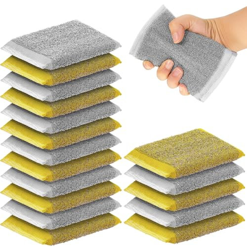 Thyle Confezione da 12 spugne abrasive in acciaio, antigraffio, multiuso, in metallo, resistenti, per lavare pentole, piatti, utensili per la pulizia di superfici dure (grigio, giallo)