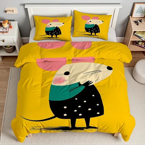 EXSANLIEAY Maus Bettwäsche 155x220 - Gelb Wendebettwäsche, Weiche & Atmungsaktiv Microfaser Bettbezug + 2 Kissenbezug 80x80, Angenehme bettwäsche-Sets, 3 Teiligmit Reißverschluss