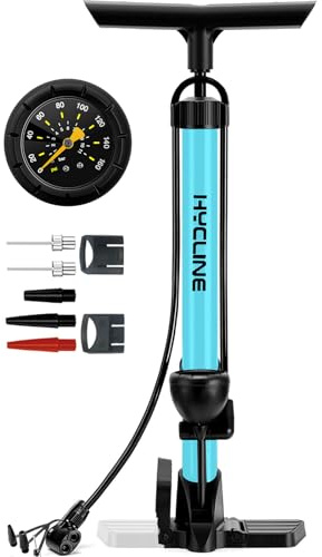 Hycline Bike Floor Pump with Gauge - 160 PSI High Pressure Bicycle Pumps - Durable Air Pump Fits Presta & Schrader Valve - Inflator for Road MTB Tire, Ball, Balloon, Inflatables - Blue